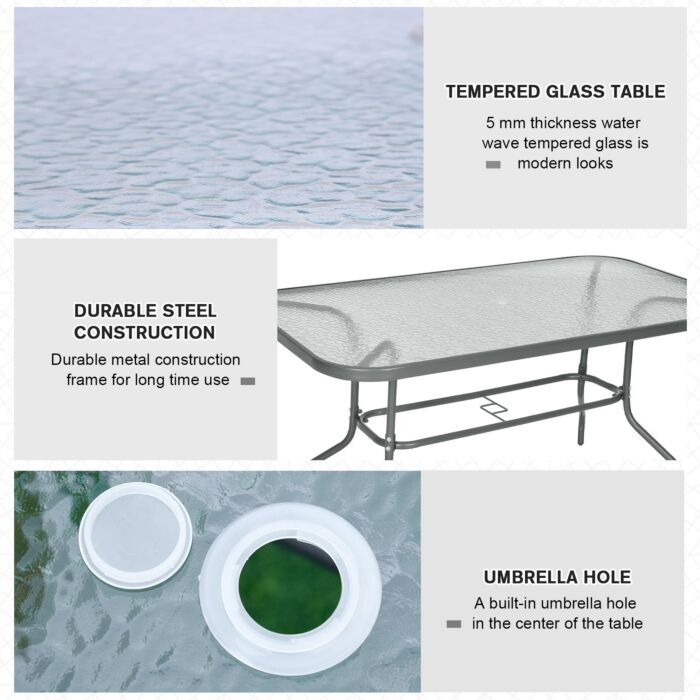 Outsunny Aquatex Glass Garden Table Curved Metal Frame W/ Parasol Hole 4 Legs Outdoor Dining Sturdy Balcony Friends Family Tempered Grey