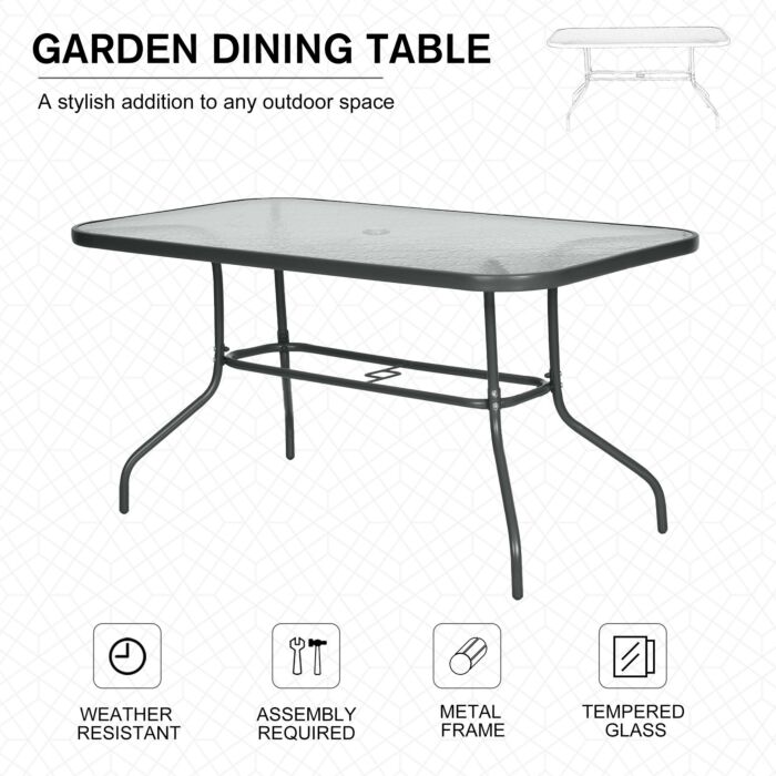Outsunny Aquatex Glass Garden Table Curved Metal Frame W/ Parasol Hole 4 Legs Outdoor Dining Sturdy Balcony Friends Family Tempered Grey