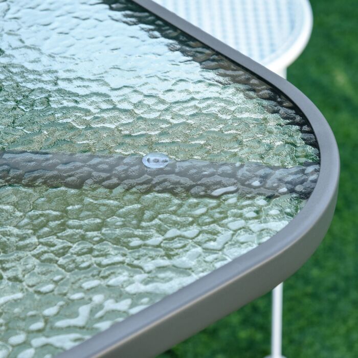 Outsunny Aquatex Glass Garden Table Curved Metal Frame W/ Parasol Hole 4 Legs Outdoor Dining Sturdy Balcony Friends Family Tempered Grey