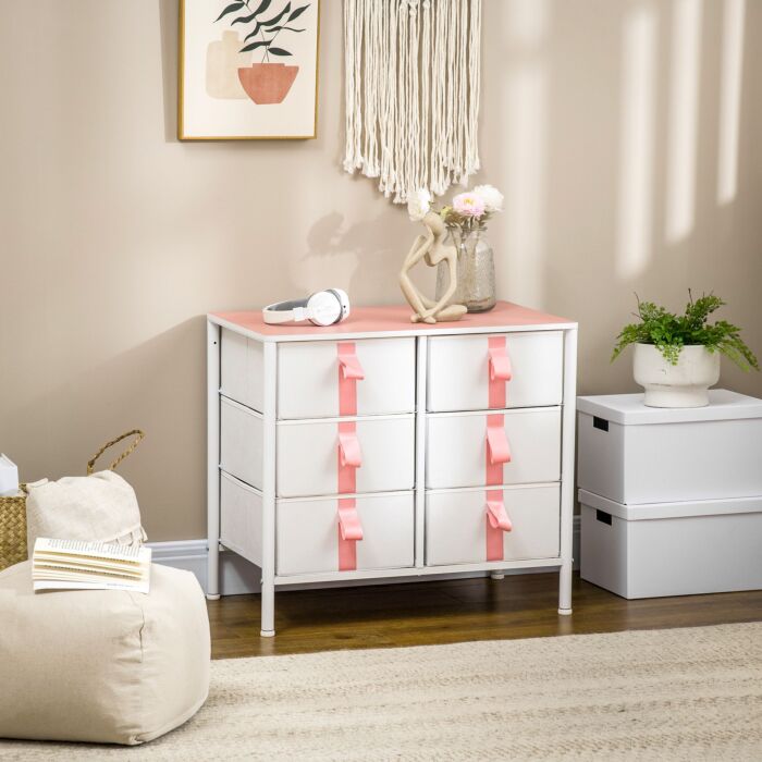 Homcom Chest Of Drawers, Cloth Organizer Unit With 6 Fabric Drawers, Metal Frame And Wooden Top, Storage Cabinet For Kids Room, Pink