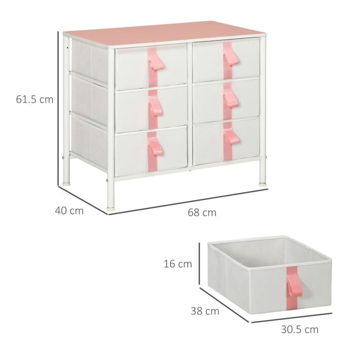 Homcom Chest Of Drawers, Cloth Organizer Unit With 6 Fabric Drawers, Metal Frame And Wooden Top, Storage Cabinet For Kids Room, Pink