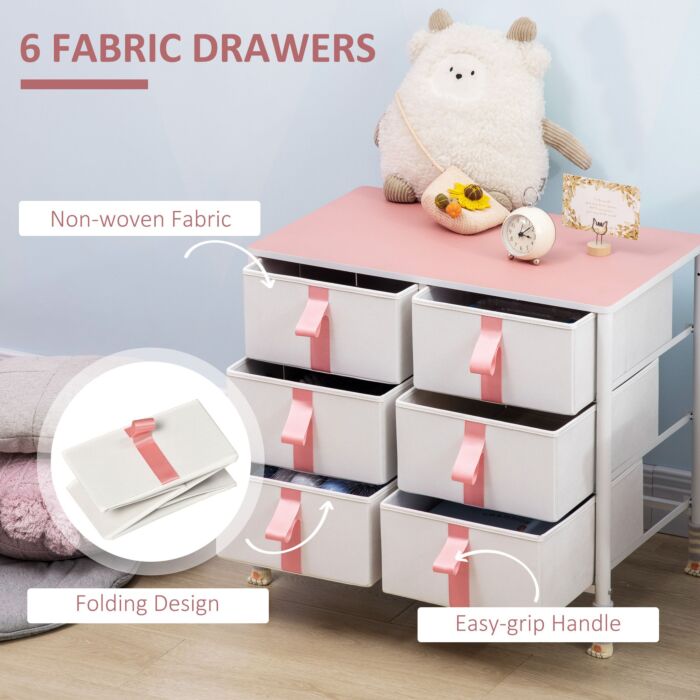 Homcom Chest Of Drawers, Cloth Organizer Unit With 6 Fabric Drawers, Metal Frame And Wooden Top, Storage Cabinet For Kids Room, Pink