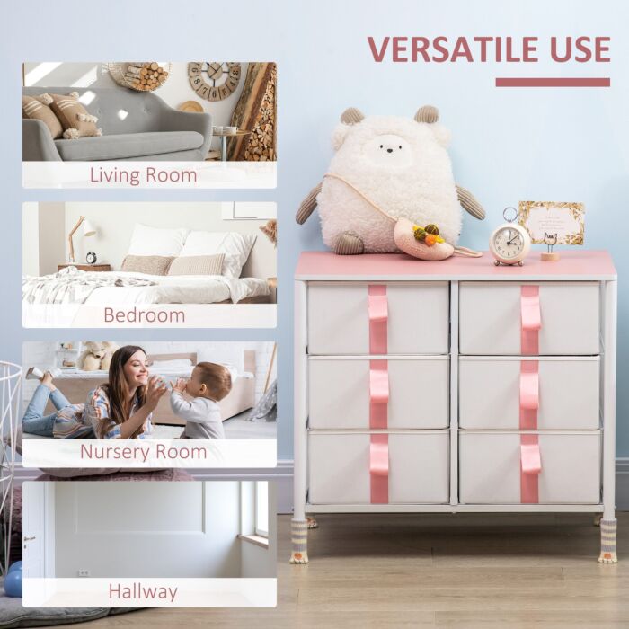 Homcom Chest Of Drawers, Cloth Organizer Unit With 6 Fabric Drawers, Metal Frame And Wooden Top, Storage Cabinet For Kids Room, Pink