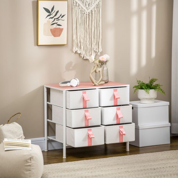 Homcom Chest Of Drawers, Cloth Organizer Unit With 6 Fabric Drawers, Metal Frame And Wooden Top, Storage Cabinet For Kids Room, Pink
