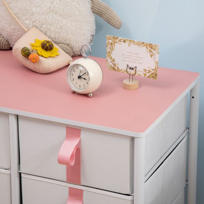 Homcom Chest Of Drawers, Cloth Organizer Unit With 6 Fabric Drawers, Metal Frame And Wooden Top, Storage Cabinet For Kids Room, Pink