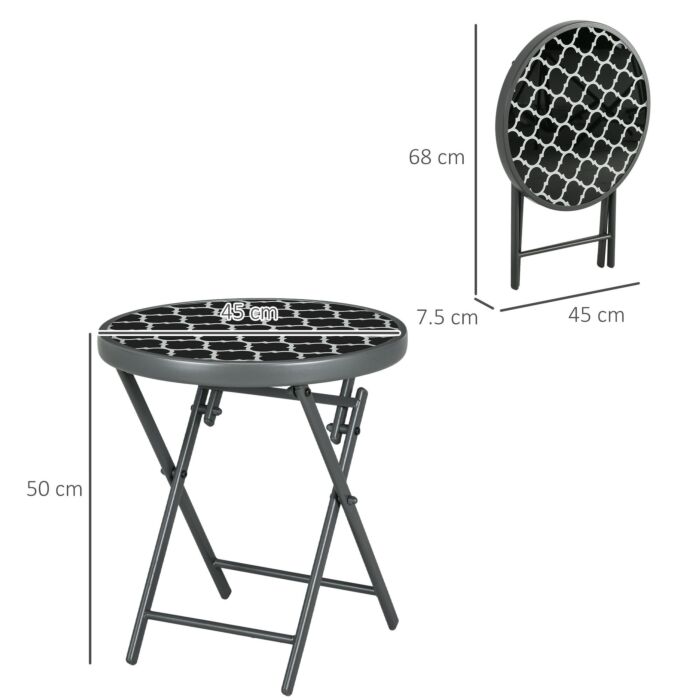 Outsunny Φ45cm Outdoor Side Table, Round Folding Patio Table With Imitation Marble Glass Top, Small Coffee Table, Black