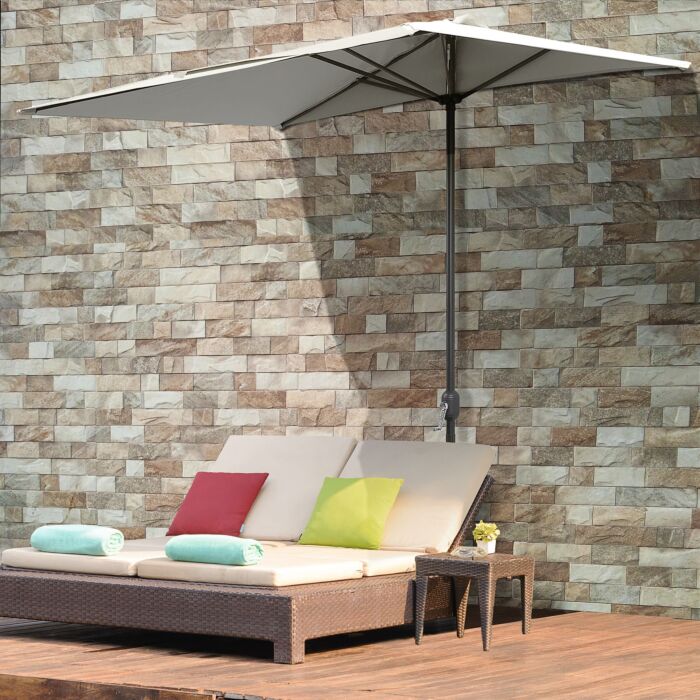 Outsunny Balcony Half Parasol Semi Round Umbrella Patio Crank Handle (2.3m, Beige)- No Base Included
