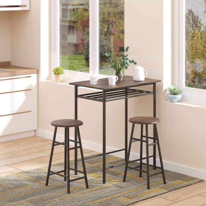 Homcom Bar Table Set, Bar Set-1 Bar Table And 2 Stools With Metal Frame Footrest And Storage Shelf, For Kitchen, Pub, Cafe, Black And Oak