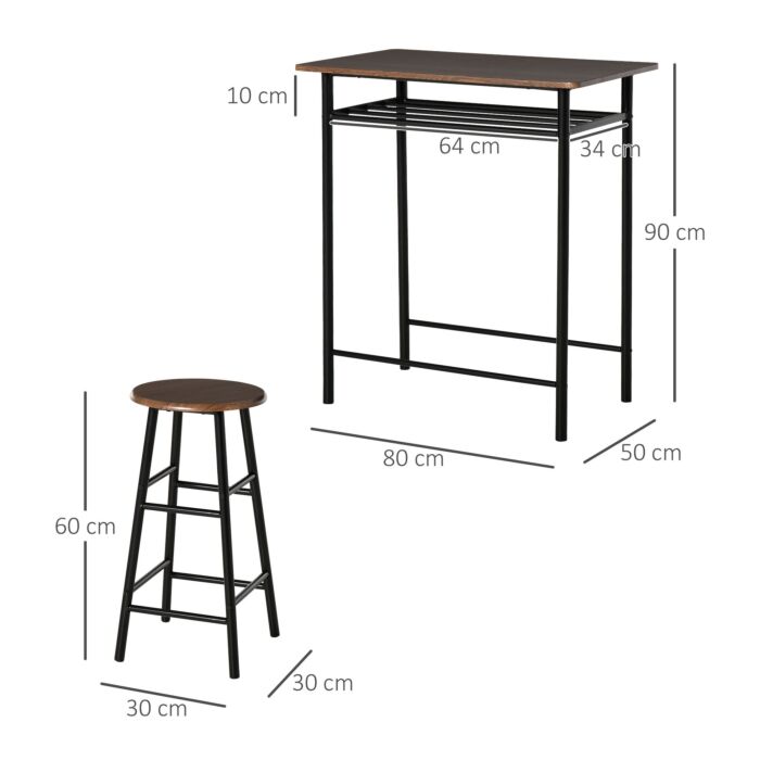 Homcom Bar Table Set, Bar Set-1 Bar Table And 2 Stools With Metal Frame Footrest And Storage Shelf, For Kitchen, Pub, Cafe, Black And Oak