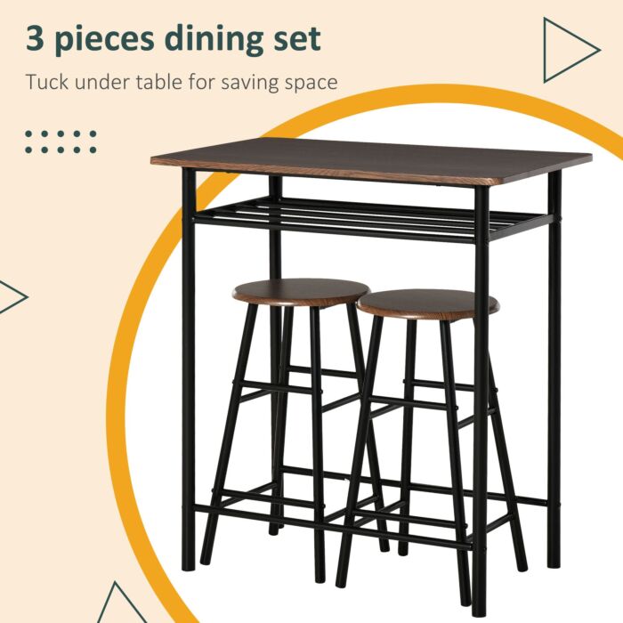 Homcom Bar Table Set, Bar Set-1 Bar Table And 2 Stools With Metal Frame Footrest And Storage Shelf, For Kitchen, Pub, Cafe, Black And Oak