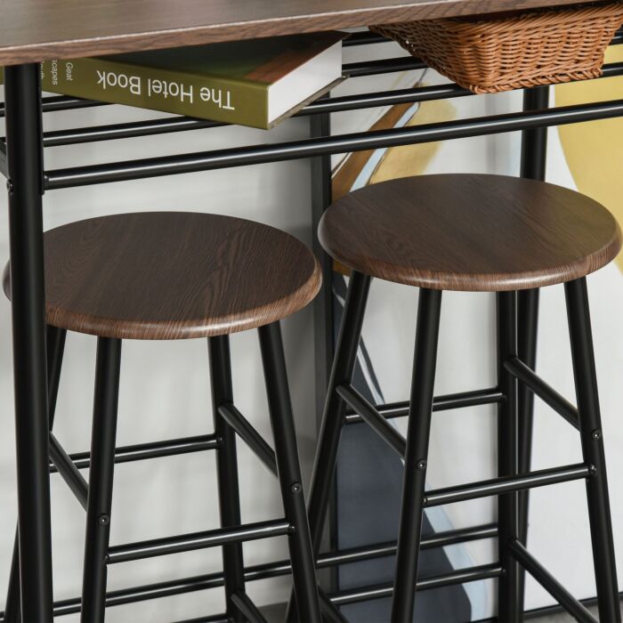 Homcom Bar Table Set, Bar Set-1 Bar Table And 2 Stools With Metal Frame Footrest And Storage Shelf, For Kitchen, Pub, Cafe, Black And Oak