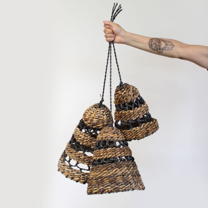 Natural Banana Leaf & Abu-abu Raffia Lamp Shades - Set Of 3