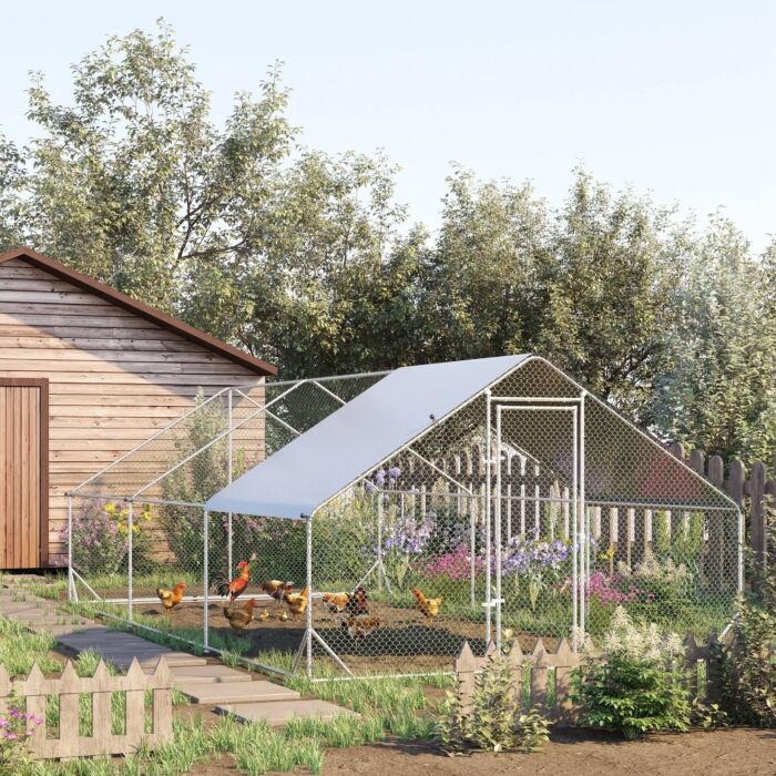 Pawhut Galvanised Walk In Chicken Run W/ Cover 6 X 3 X 2m Silver