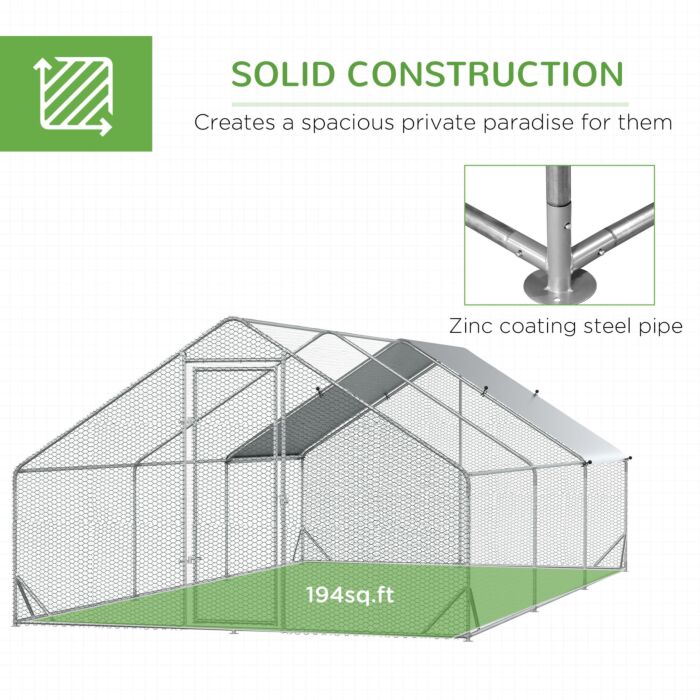 Pawhut Galvanised Walk In Chicken Run W/ Cover 6 X 3 X 2m Silver