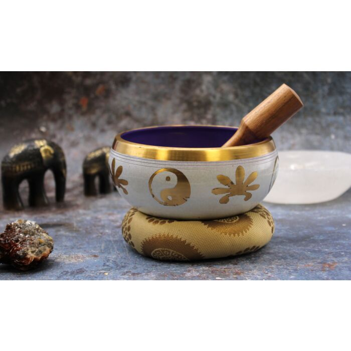 Lrg Yin & Yang Singing Bowl Set- White/purple 14cm