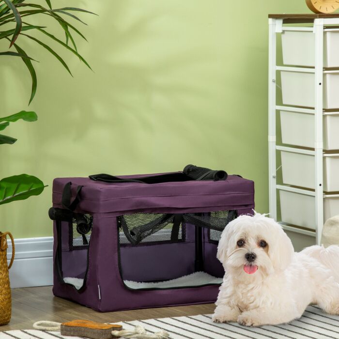 Pawhut 49cm Pet Carrier Portable Cat Carrier Foldable Dog Bag Pet Travel Bag W/ Cushion For Miniature Dogs, Purple