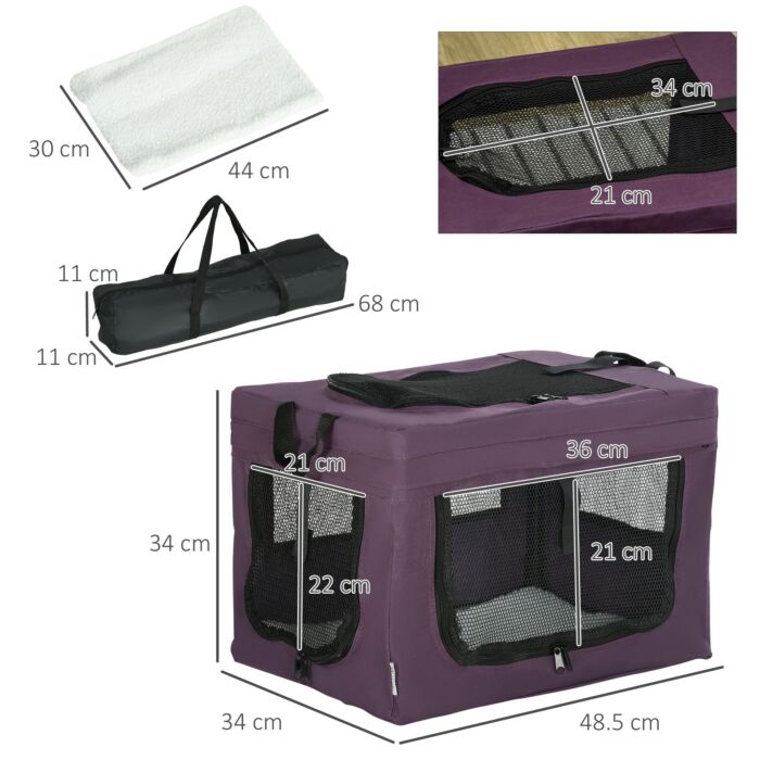 Pawhut 49cm Pet Carrier Portable Cat Carrier Foldable Dog Bag Pet Travel Bag W/ Cushion For Miniature Dogs, Purple