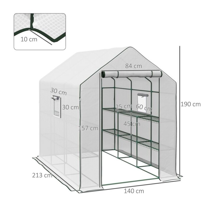 Outsunny Walk-in Greenhouse W/ 3 Tier Shelves, Green House Garden Grow House W/ Pe Cover, Roll-up Door, Mesh Windows, 140 X 213 X 190cm, White