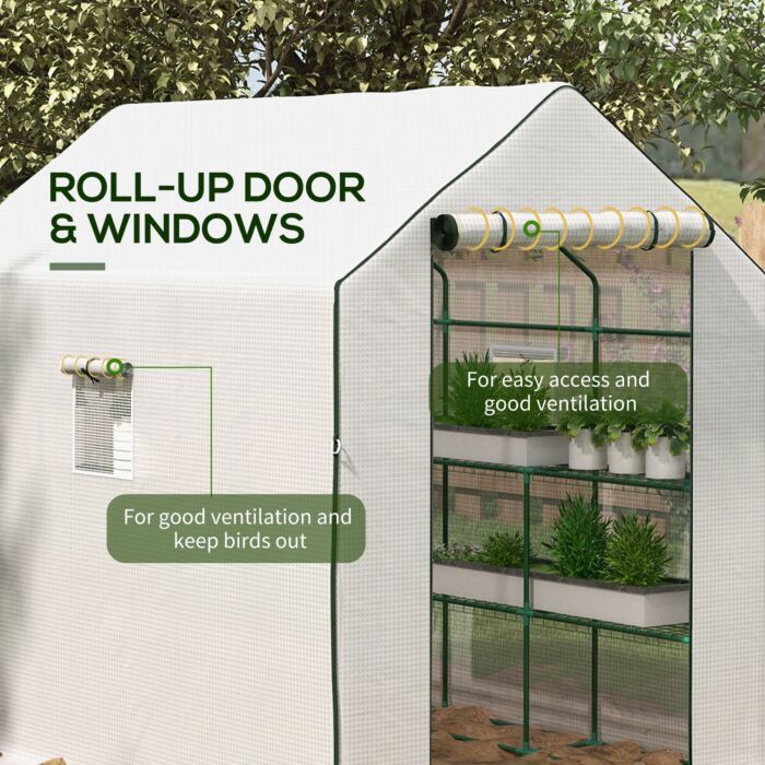 Outsunny Walk-in Greenhouse W/ 3 Tier Shelves, Green House Garden Grow House W/ Pe Cover, Roll-up Door, Mesh Windows, 140 X 213 X 190cm, White