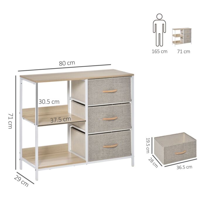 Homcom Chest Of Drawers Storage Dresser Cabinet Organizer With 3 Fabric Drawers And 2 Display Shelves, Beige
