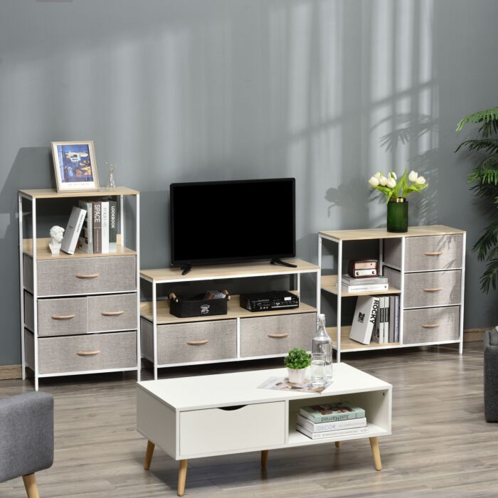 Homcom Chest Of Drawers Storage Dresser Cabinet Organizer With 3 Fabric Drawers And 2 Display Shelves, Beige