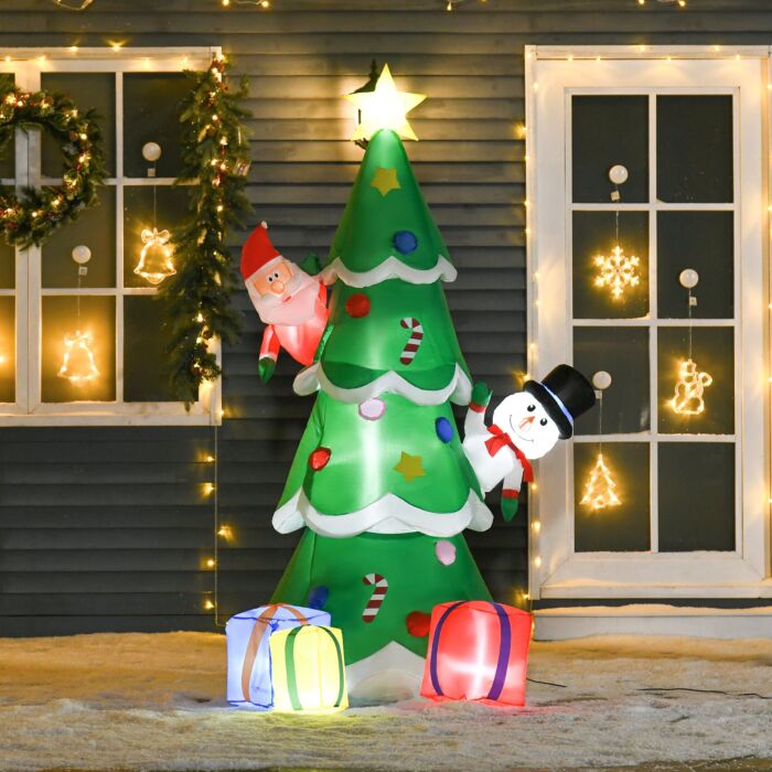 Homcom 7ft Tall Christmas Inflatable Tree Led Lighted With Santa Claus Snowman And Gift Box For Home Indoor Outdoor Garden Lawn Decoration Party Prop