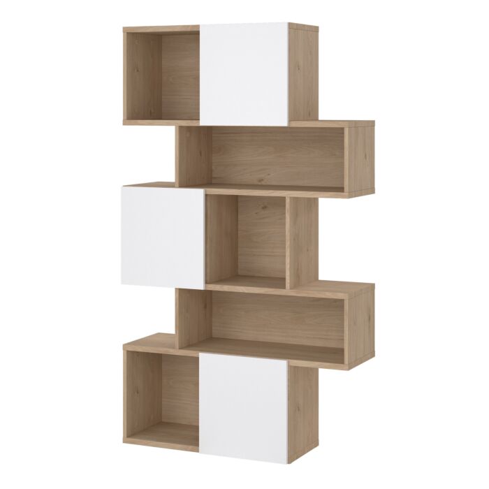 Maze Asymmetrical Bookcase With 3 Doors In Jackson Hickory And White High Gloss