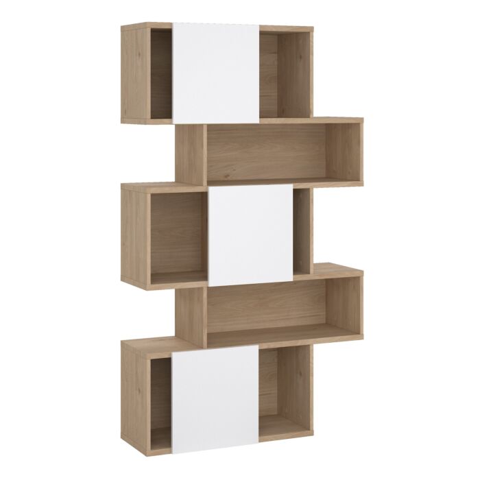 Maze Asymmetrical Bookcase With 3 Doors In Jackson Hickory And White High Gloss