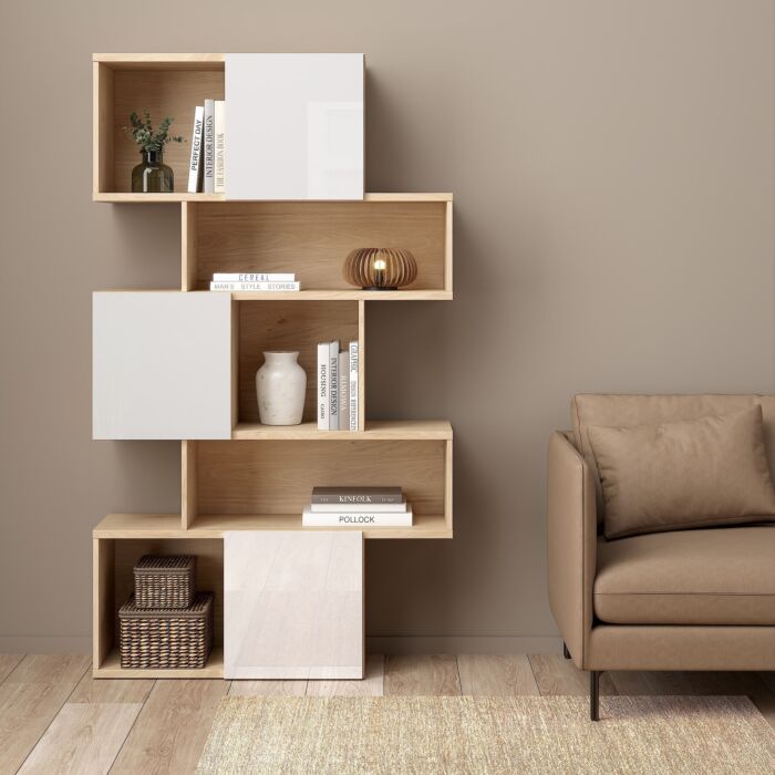 Maze Asymmetrical Bookcase With 3 Doors In Jackson Hickory And White High Gloss