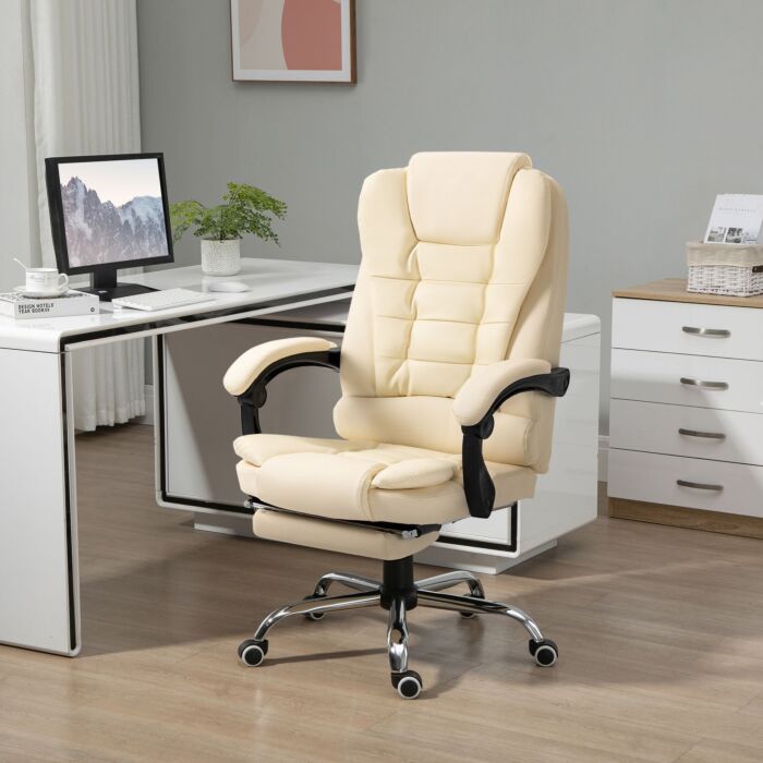Homcom Executive Office Chair, Pu Leather High Back Desk Chair With Adjustable Height, Recliner Computer Swivel Chair With Footrest For Home Office, Cream White