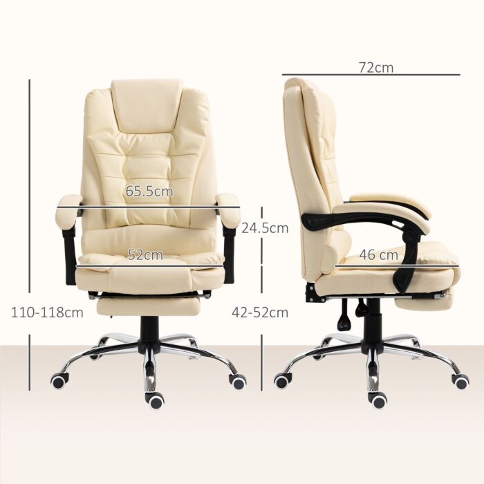Homcom Executive Office Chair, Pu Leather High Back Desk Chair With Adjustable Height, Recliner Computer Swivel Chair With Footrest For Home Office, Cream White