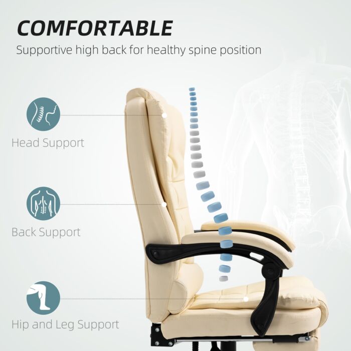 Homcom Executive Office Chair, Pu Leather High Back Desk Chair With Adjustable Height, Recliner Computer Swivel Chair With Footrest For Home Office, Cream White