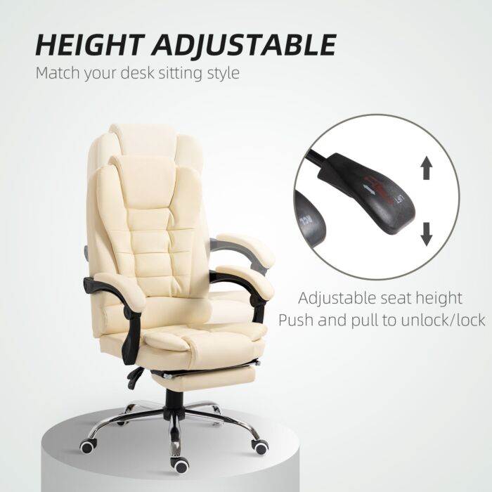 Homcom Executive Office Chair, Pu Leather High Back Desk Chair With Adjustable Height, Recliner Computer Swivel Chair With Footrest For Home Office, Cream White