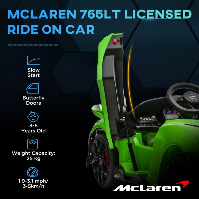 Aiyaplay Mclaren 765lt Licensed 12v Kids Electric Ride On Car With Butterfly Doors Remote Control Training Wheels Green