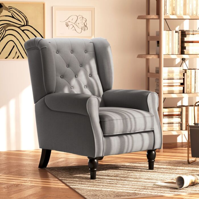 Homcom Retro Accent Chair, Wingback Armchair With Wood Frame Button Tufted Design For, Dark Grey