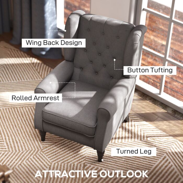 Homcom Retro Accent Chair, Wingback Armchair With Wood Frame Button Tufted Design For, Dark Grey
