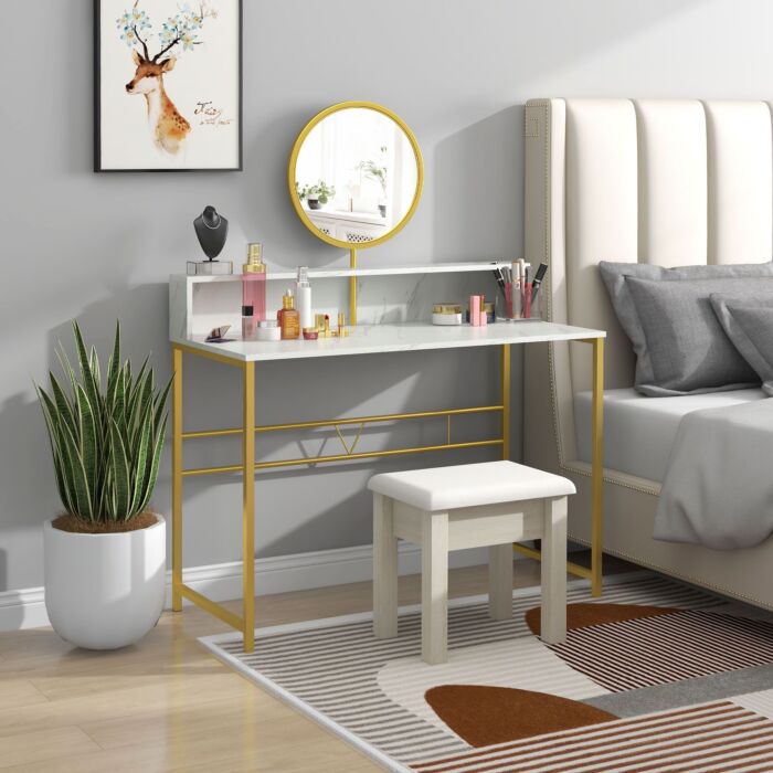 Homcom Modern Dressing Table With Round Mirror, Vanity Makeup Desk With Open Storage, Faux Marble Texture And Steel Frame, White