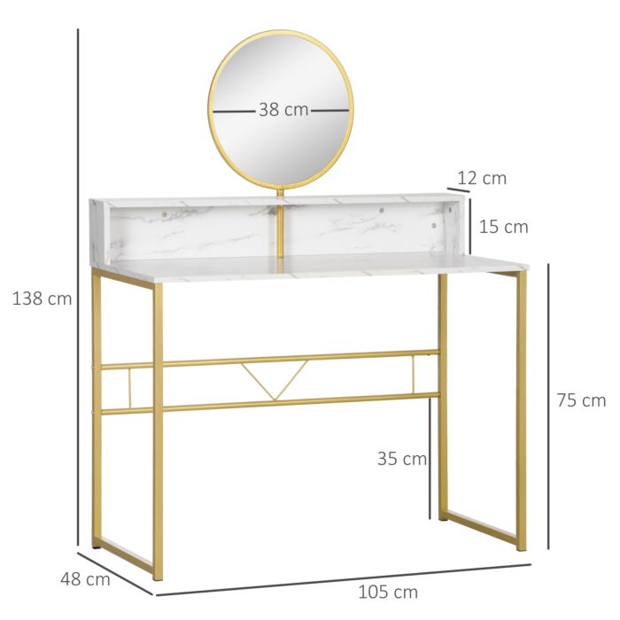 Homcom Modern Dressing Table With Round Mirror, Vanity Makeup Desk With Open Storage, Faux Marble Texture And Steel Frame, White