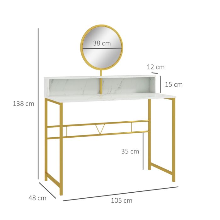 Homcom Modern Dressing Table With Round Mirror, Vanity Makeup Desk With Open Storage, Faux Marble Texture And Steel Frame, White