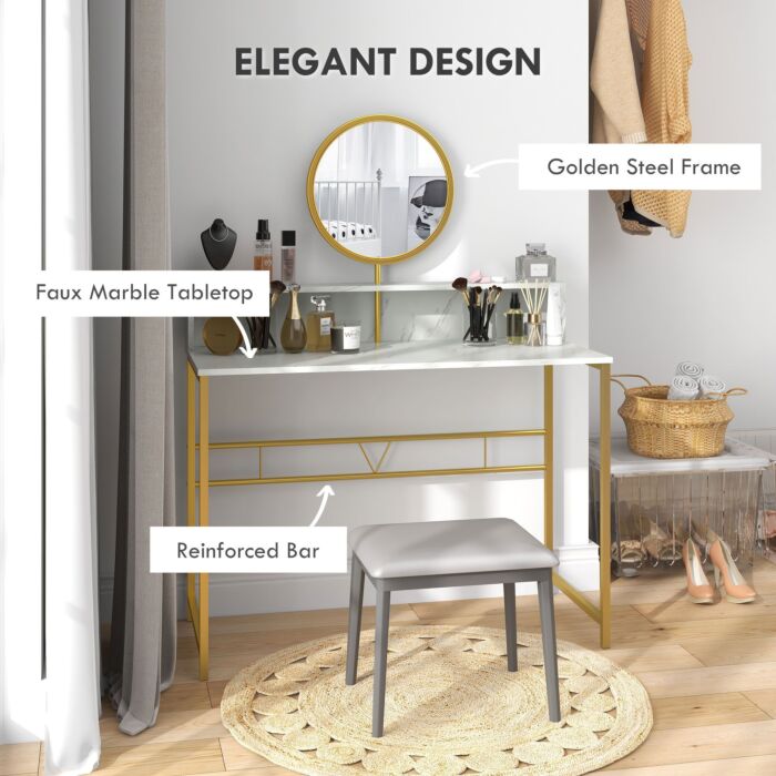 Homcom Modern Dressing Table With Round Mirror, Vanity Makeup Desk With Open Storage, Faux Marble Texture And Steel Frame, White
