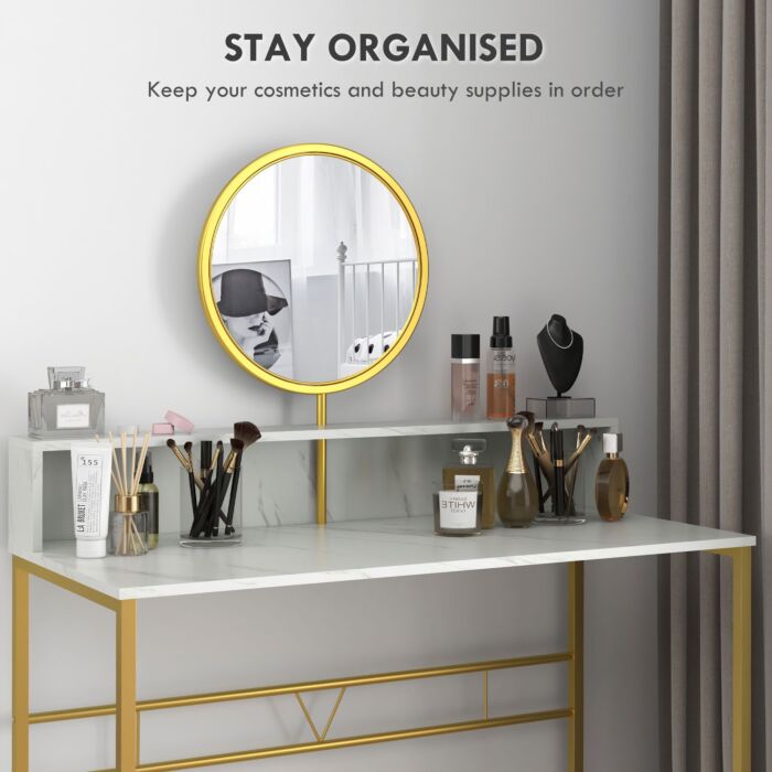 Homcom Modern Dressing Table With Round Mirror, Vanity Makeup Desk With Open Storage, Faux Marble Texture And Steel Frame, White