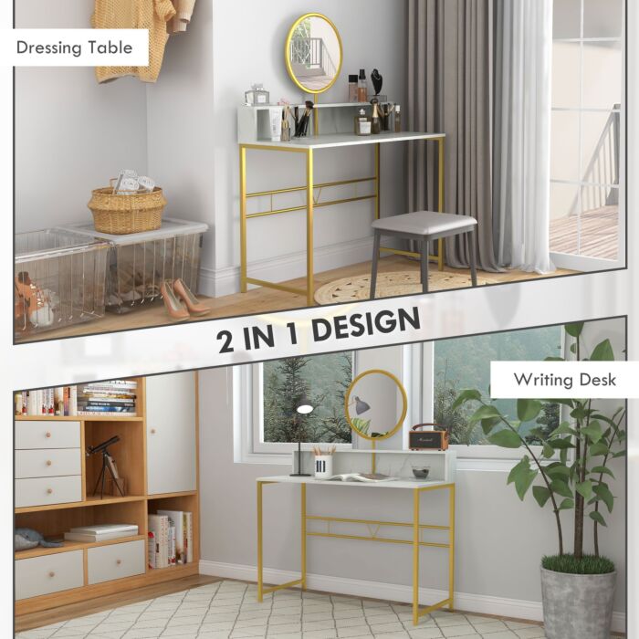 Homcom Modern Dressing Table With Round Mirror, Vanity Makeup Desk With Open Storage, Faux Marble Texture And Steel Frame, White