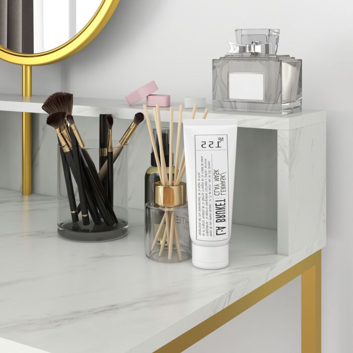 Homcom Modern Dressing Table With Round Mirror, Vanity Makeup Desk With Open Storage, Faux Marble Texture And Steel Frame, White