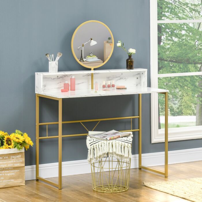 Homcom Modern Dressing Table With Round Mirror, Vanity Makeup Desk With Open Storage, Faux Marble Texture And Steel Frame, White