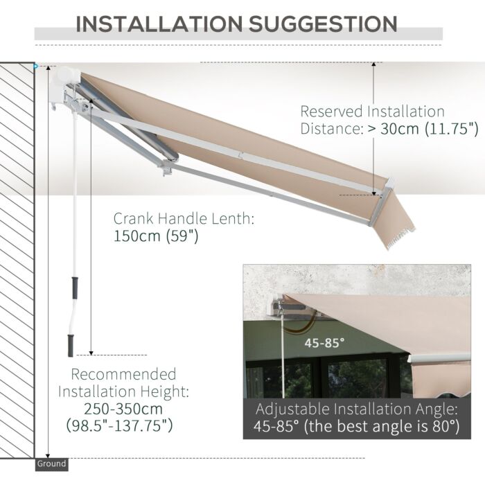 Outsunny 4x2.5m Retractable Manual Awning Window Door Sun Shade Canopy With Fittings And Crank Handle Beige