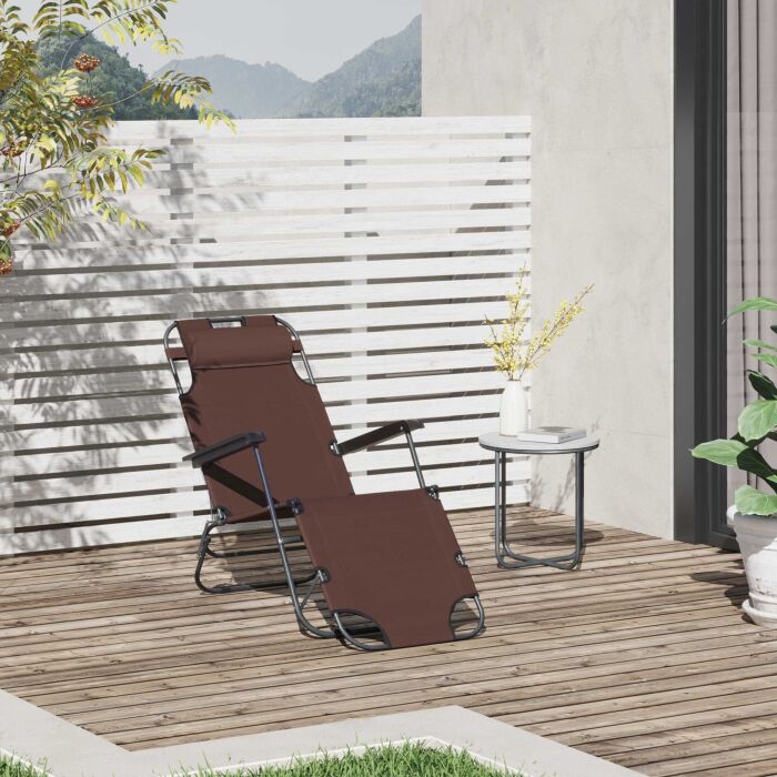 Outsunny 2 In 1 Sun Lounger Folding Reclining Chair Garden Outdoor Camping Adjustable Back With Pillow (brown)
