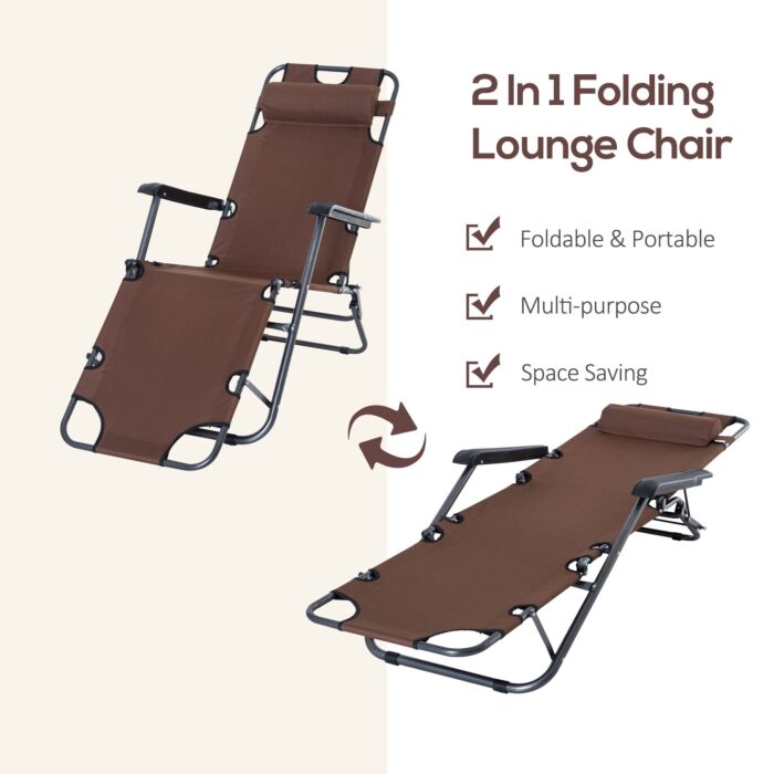 Outsunny 2 In 1 Sun Lounger Folding Reclining Chair Garden Outdoor Camping Adjustable Back With Pillow (brown)