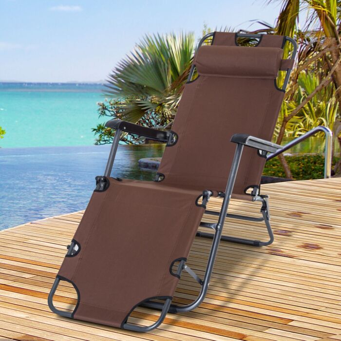 Outsunny 2 In 1 Sun Lounger Folding Reclining Chair Garden Outdoor Camping Adjustable Back With Pillow (brown)