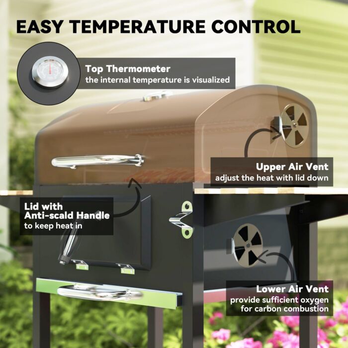 Outsunny Charcoal Bbq Grill With Height Adjustable Charcoal Pan, Portable Barbecue Smoker With Warming Rack, 3 Shelves, Temperature Gauge, Wheels, Bottle Opener For Outdoor Cooking Garden Party