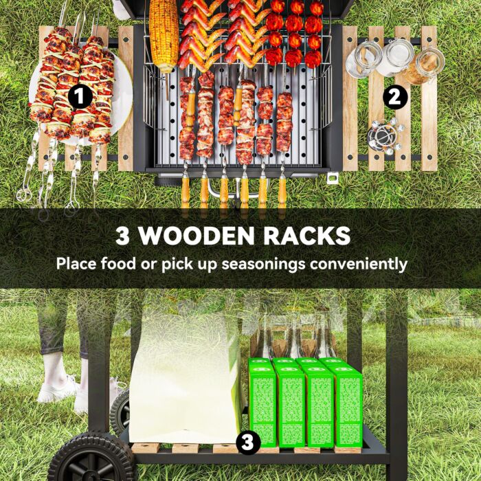 Outsunny Charcoal Bbq Grill With Height Adjustable Charcoal Pan, Portable Barbecue Smoker With Warming Rack, 3 Shelves, Temperature Gauge, Wheels, Bottle Opener For Outdoor Cooking Garden Party